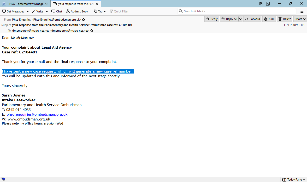 Your complaint about Legal Aid Agency Case ref: C2104401