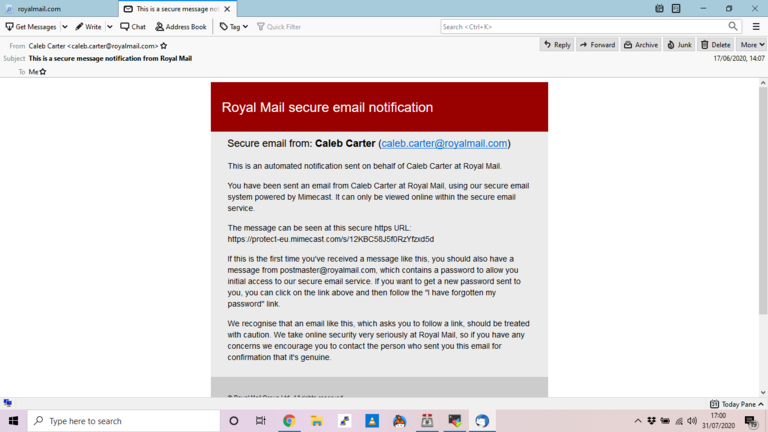 This is a secure message notification from Royal Mail