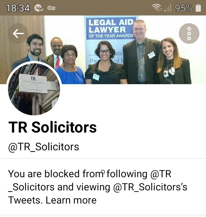 You’re blocked. You can’t follow or see @TR_Solicitors’s Tweets