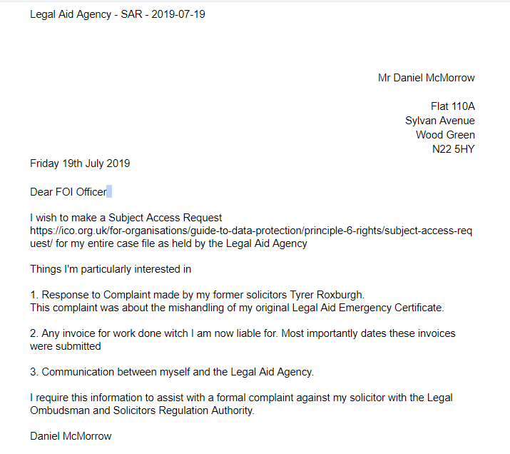 SSubject Access Request made to the Legal Aid Agency